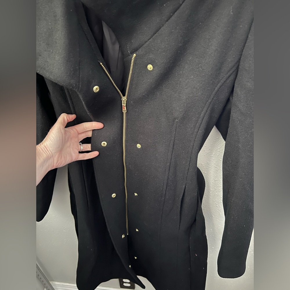 New COLE HAAN Belted Wool Blend Long Coat in Black Women’s Size 10 - Picture 9 of 11